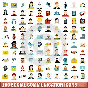 100 social communication icons set, flat style