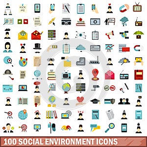 100 social environment icons set, flat style