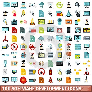 100 software development icons set, flat style