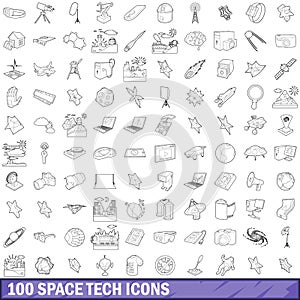 100 space tech icons set, outline style