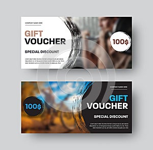 $100 special discount vector gift voucher template, round design element, with photo, brush stroke, on white, black background
