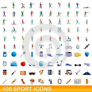 100 sport icons set, cartoon style