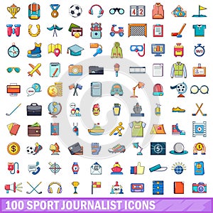 100 sport journalist icons set, cartoon style