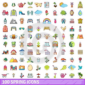 100 spring icons set, cartoon style