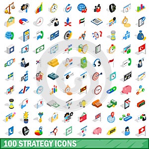 100 strategy icons set, isometric 3d style