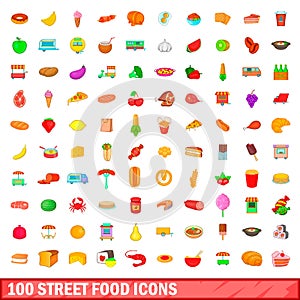 100 street food icons set, cartoon style