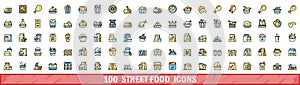 100 street food icons set, color line style
