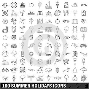 100 summer holidays icons set, outline style