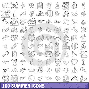 100 summer icons set, outline style