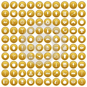 100 tasty food icons set gold