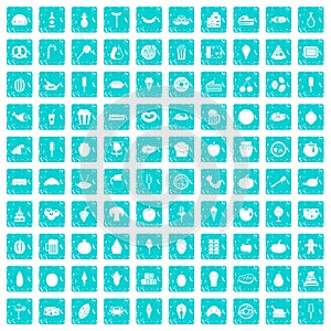 100 tasty food icons set grunge blue