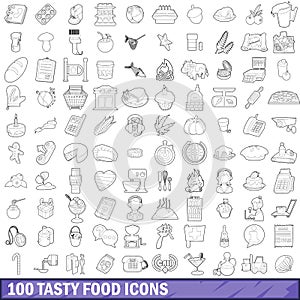 100 tasty food icons set, outline style