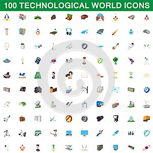 100 technological world icons set, cartoon style