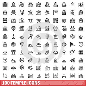 100 temple icons set, outline style