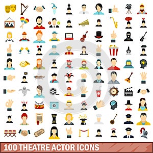 100 theatre actor icons set, flat style