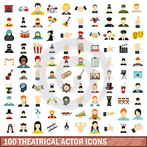 100 theatrical actor icons set, flat style