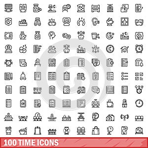 100 time icons set, outline style