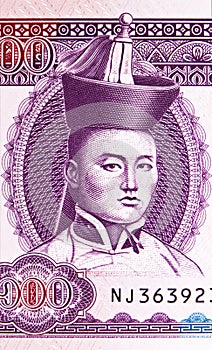 100 Togrog banknote, Bank of Mongolia, closeup bill fragment shows Portrait of Damdiny Suhbaatar (Sukhe Bator; Sukhe-Bataar