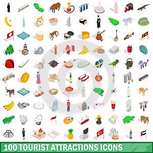 100 tourist attractions icons set