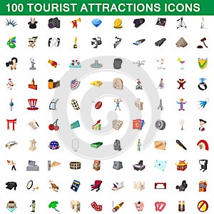 100 tourist attractions icons set, cartoon style