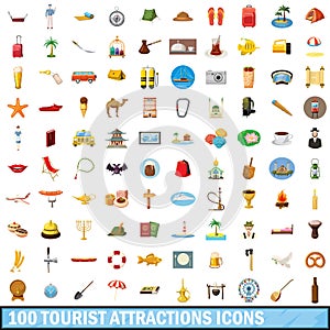 100 tourist attractions icons set, cartoon style