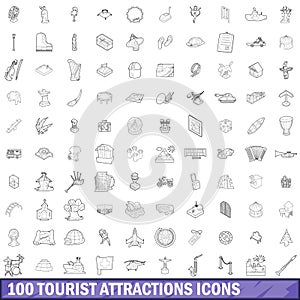 100 tourist attractions icons set, outline style