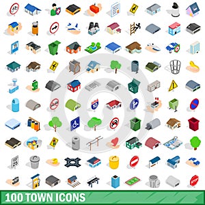100 town icons set, isometric 3d style