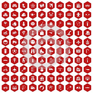 100 toys for kids icons hexagon red