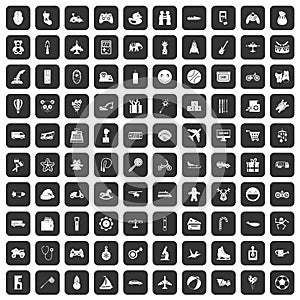 100 toys for kids icons set black