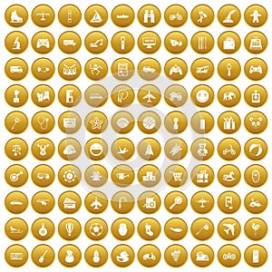 100 toys for kids icons set gold