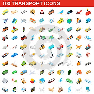 100 transport icons set, isometric 3d style