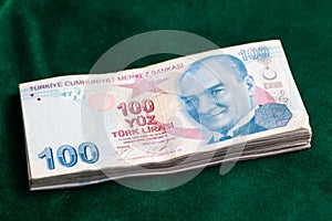 100 TRY - One hundred Turkish lira banknotes round stack front top