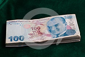 100 TRY - One hundred Turkish lira banknotes round stack front top
