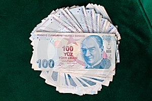 100 TRY - One hundred Turkish lira banknotes round stack front top