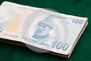 100 TRY - One hundred Turkish lira banknotes stack back