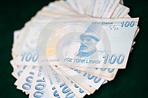 100 TRY - One hundred Turkish lira banknotes stack front top