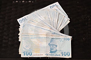 100 TRY - One hundred Turkish lira banknotes stack front top