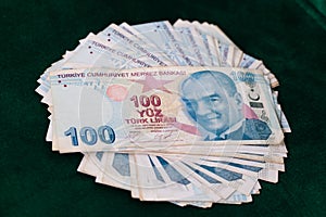 100 TRY - One hundred Turkish lira banknotes stack front top