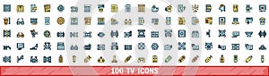 100 tv icons set, color line style