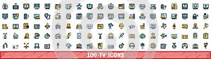 100 tv icons set, color line style