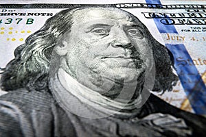 100 US dollar bill close up, Benjamin Franklin portrait