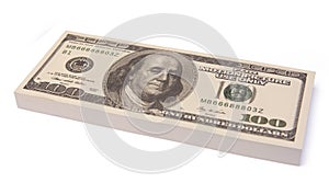 100 US Dollar bills bundles stack isolated on white background with clipping path