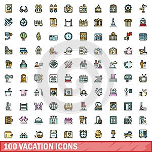 100 vacation icons set, color line style