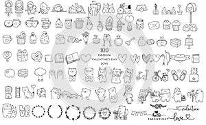 100 Valentine`s Day with cartoon,element ,icon symbol,sign for love hand drawn