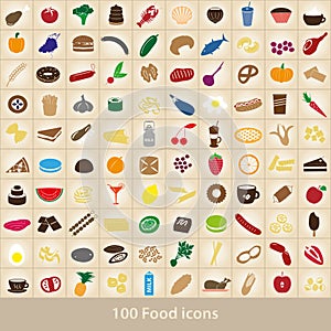 100 various food and drink color icons set