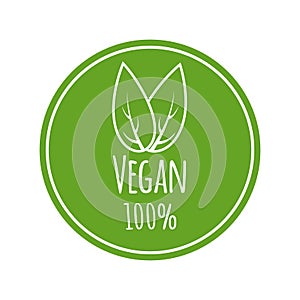 100% vegan vector logo. Round eco, green logo. Vegan food sign with leaves. Tag for cafe, restaurants, packagingdesign