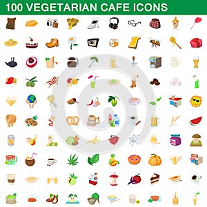 100 vegetarian cafe icons set, cartoon style