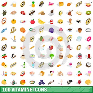 100 vitamine icons set, isometric 3d style