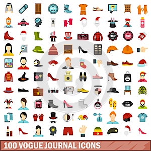 100 vogue journal icons set, flat style