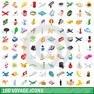 100 voyage icons set, isometric 3d style
